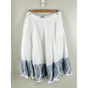Lands End Linen Skirt Womens Small 6-8 White Blue Embroidered Hem Lined Pockets